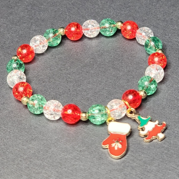 Christmas Beaded Charm Stretch Bracelet Crackle Beads Handmade - Picture 4 of 4